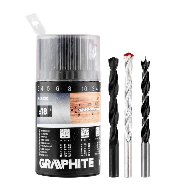 Graphite Набір свердел GRAPHITE по металу, дереву, цеглі: 3-6, 8, 10 мм, 18шт