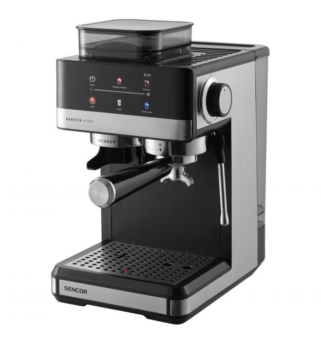 Sencor Кавоварка Sencor ріжкова 1.8л, зерно+мелена, вдубована кавомолка, дисплей, нерж. сталь-чорний
