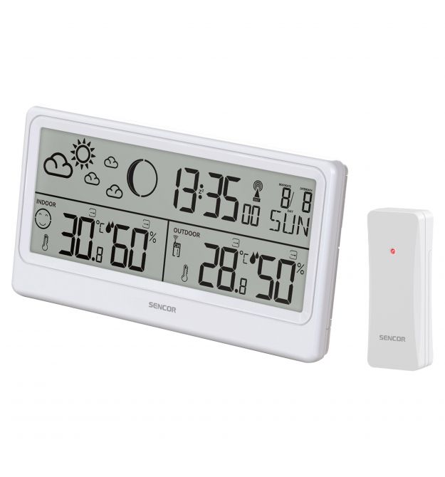Sencor Метеостанция, внутр/наруж измерение, от сети/АААх3+ААх2, темп-ра, влажность, время, прогноз погоды, белый