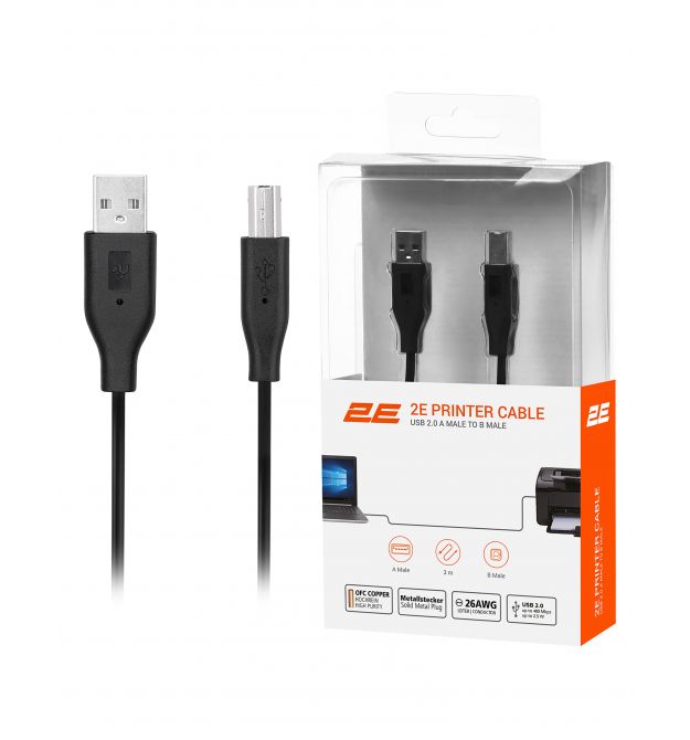 2E Кабель USB-A (AM/BM) DSTP 3м, черный