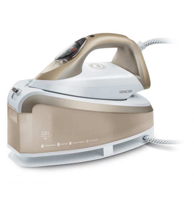 Sencor Утюг-парогенератор, 2400Вт, 1500мл, паровой удар -395гр, постоянный пар - 130гр, Anti-calc, керам. подошва, бело-золотой