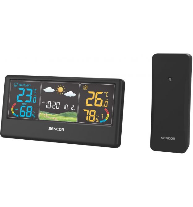 Sencor Метеостанция, внутр/наруж измерение, темп-ра, влажность, время, прогноз погоды, чёрный