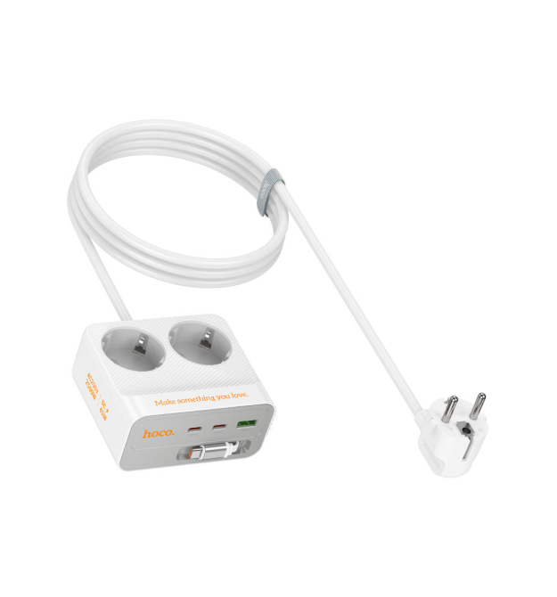 Мережевий фільтр HOCO AC28A на 2 розетки + 1 USB + 3 USB-C, 45W, 220В, кабель 2м, White, Box