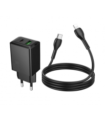 Набір СЗУ HOCO N69 + Type-C - Lighting кабель, 1xUSB+1xUSB-C, PD20W+QC3.0, кабель 1м, Black, Box