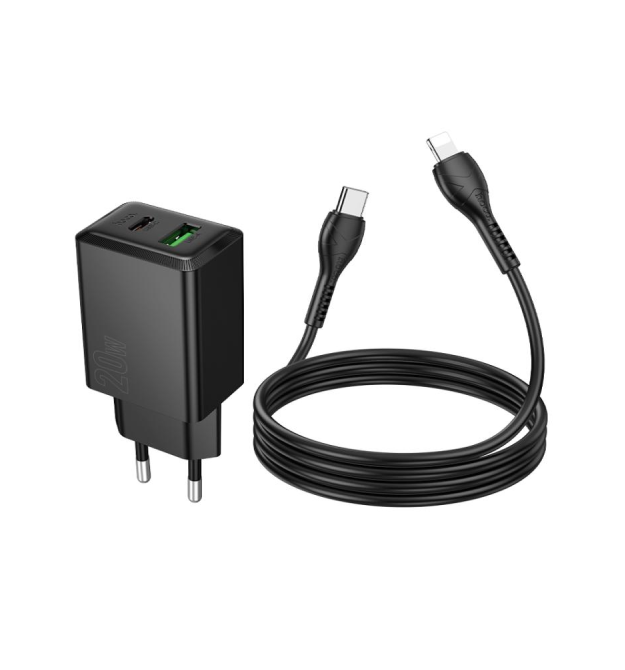 Набір СЗУ HOCO N69 + Type-C - Lighting кабель, 1xUSB+1xUSB-C, PD20W+QC3.0, кабель 1м, Black, Box