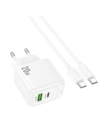 Набір СЗУ HOCO CS54A+ кабель Type-C - Type-C, 1xUSB+1xUSB-C, PD20W+QC3.0, кабель 1м, White, Box