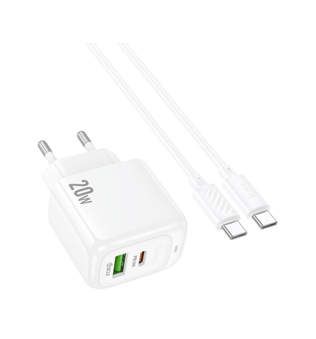 Набір СЗУ HOCO CS54A+ кабель Type-C - Type-C, 1xUSB+1xUSB-C, PD20W+QC3.0, кабель 1м, White, Box