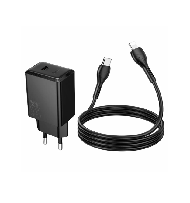Набір СЗУ HOCO N70 + Type-C - Lighting кабель, 1xUSB+1xUSB-C, PD30W+QC3.0, кабель 1м, Black, Box