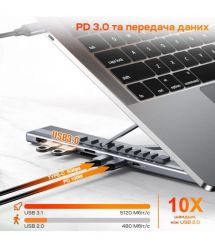 USB-C хаб-підставка 7-в-1 Choetech M57 HDMI 4K@30Hz, 2 USB 3.0, USB-C Data, USB-C PD 100W, SD-card, TF-card
