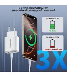 Мережевий зарядний пристрій Choetech PD3046 PD30W GAN USB-A+2xUSB-C White