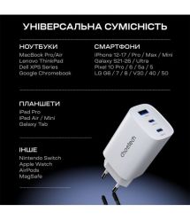 Мережевий зарядний пристрій Choetech PD9006 PD65W GAN USB-A+2xUSB-C White