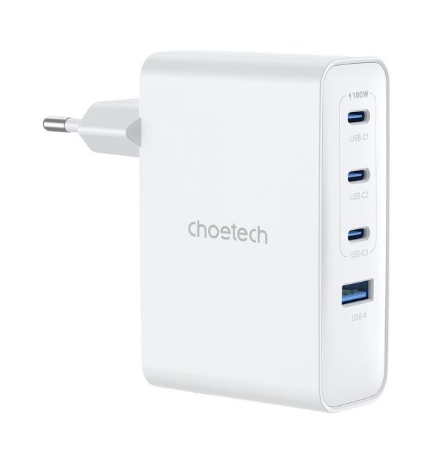 Мережевий зарядний пристрій Choetech PD9002 PD100W GAN USB-A+3xUSB-C White