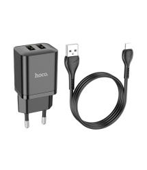 Набір СЗУ HOCO N25 + кабель Lighting, 2xUSB, 2.1A, кабель 1м, Black, Blister