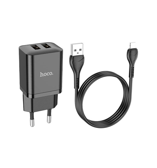 Набір СЗУ HOCO N25 + кабель Lighting, 2xUSB, 2.1A, кабель 1м, Black, Blister