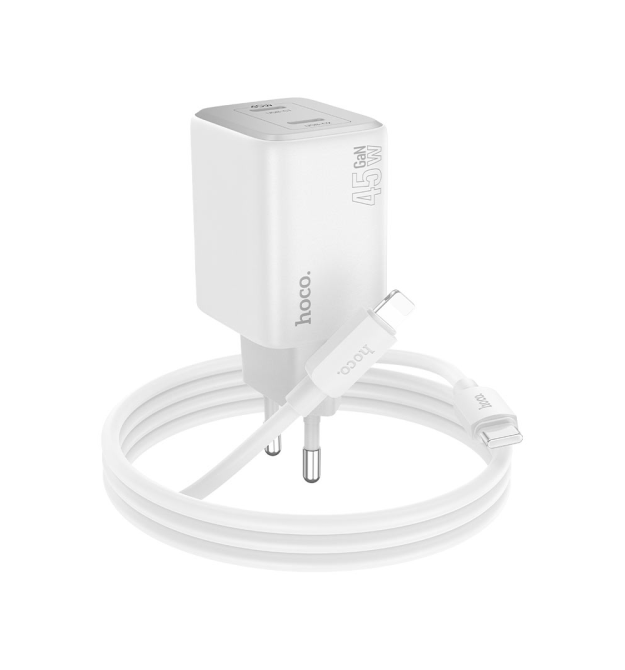 Набір СЗУ HOCO N42 + кабель Lighting, 2xUSB-C, PD45W, кабель 1м, White, Box