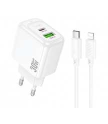 Набір СЗУ HOCO CS55A + Type-C - Lighting кабель, 1xUSB+1xUSB-C, PD30W+QC3.0, кабель 1м, White, Box