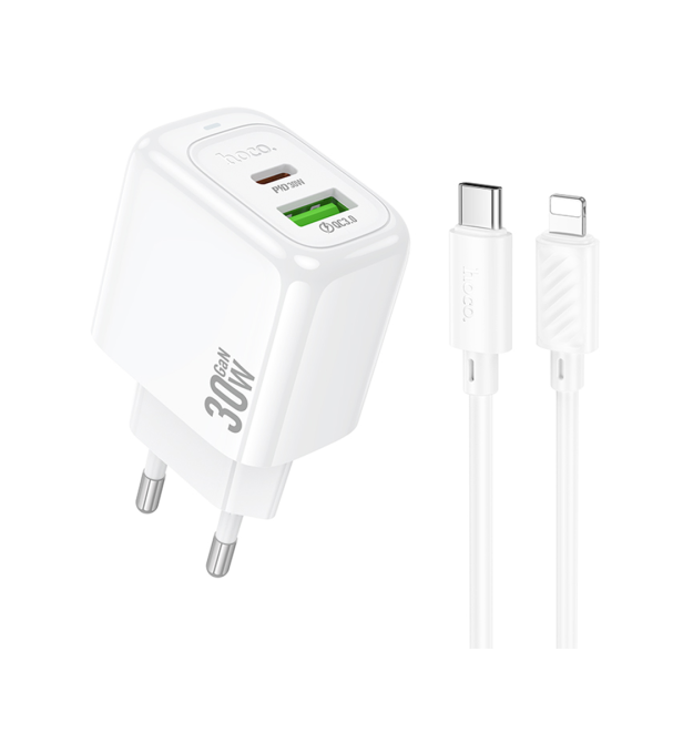 Набір СЗУ HOCO CS55A + Type-C - Lighting кабель, 1xUSB+1xUSB-C, PD30W+QC3.0, кабель 1м, White, Box