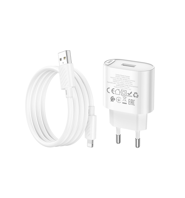 Набір СЗУ 110-240V HOCO C109A 1xUSB+ кабель Lighting, 2.1A, кабель 1м, White, Bliste