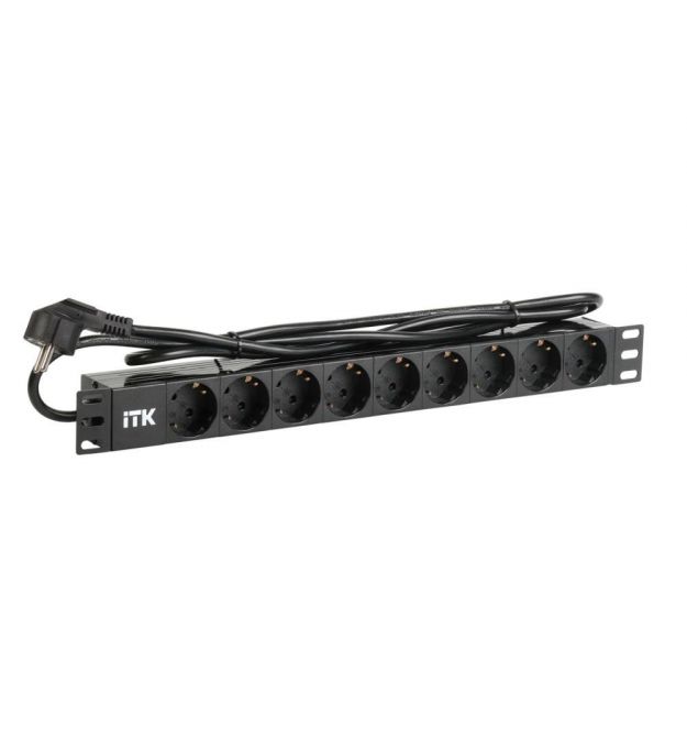 Блок розеток 19" 1U ITK PDU PH22-9D1-P чорний на 9 розеток Schuko, кабель 2м, ПВХ