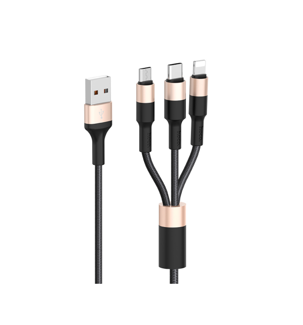 Кабель HOCO X26 USB-1 3 in 1 Micro - Iphone - Type-C, 2A, довжина 1м, Black - Gold, Box
