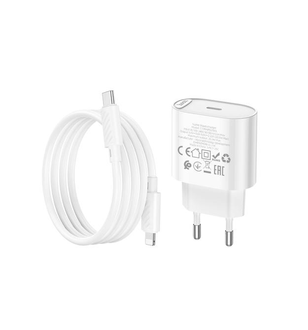 Набір СЗУ 110-240V HOCO C109A 1xUSB-C+ кабель Lighting, PD20W, кабель 1м, White, Blister