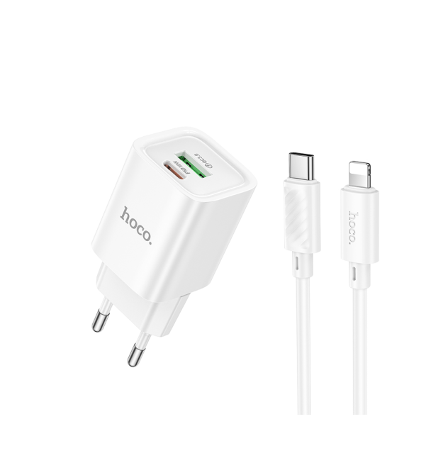 Набір СЗУ HOCO C149A + Type-C - Lighting кабель, 1xUSB+1xUSB-C, PD30W+QC3.0, кабель 1м, White, Box