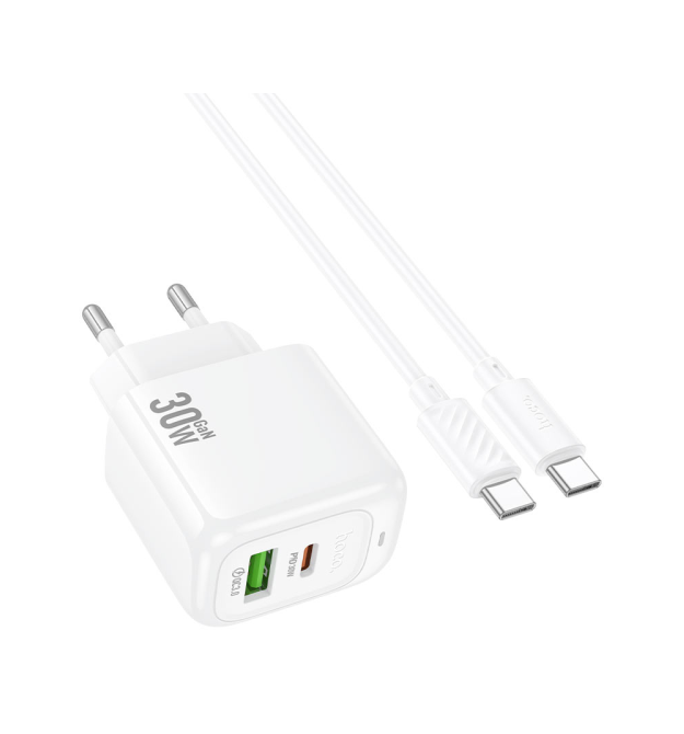Набір СЗУ HOCO CS55A + кабель Type-C - Type-C 1xUSB+1xUSB-C, PD30W+QC3.0, кабель 1м, White, Box