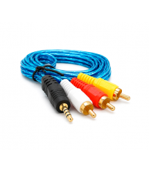 Кабель DC3.5 (тато) - 3хRCA (тато), GOLD Jack, довжина Jack 18мм, CU, силікон, круглий, Blue, 1,5 м, (Пакет) Q500