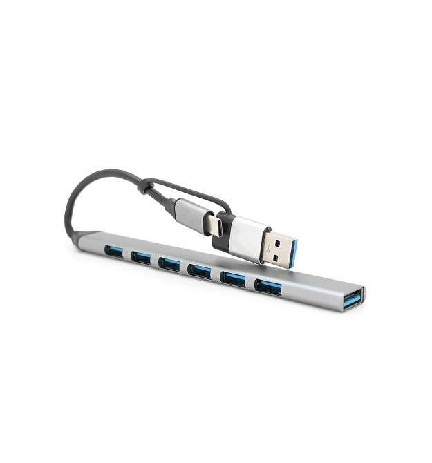Хаб YT47916 Type-С на USB 3.0 - 7 портів+ перехідник USB, 480Mbts, живлення від USB, 0.15m, Gray, Box
