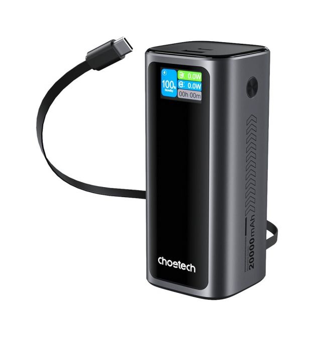 Повербанк 20000mAh Choetech B815 Grey 130W QC3.0 PD3.0 TFT Smart дисплей, вбудований кабель