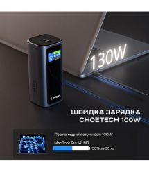 Повербанк 20000mAh Choetech B815 Grey 130W QC3.0 PD3.0 TFT Smart дисплей, вбудований кабель