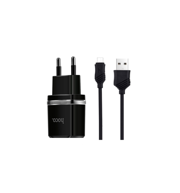 Набір СЗУ HOCO C12 Smart + кабель Micro, 2xUSB, 2.4A, кабель 1м, Black, Blister