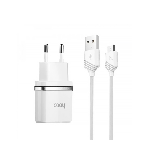 Набір СЗУ HOCO C12 Smart + кабель Micro, 2xUSB, 2.4A, кабель 1м, White, Blister