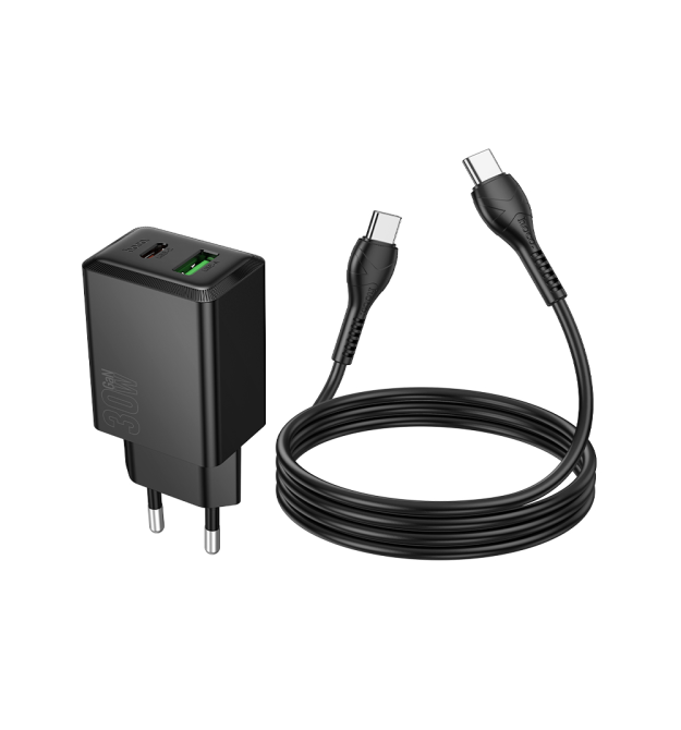 Набір СЗУ HOCO N71 + кабель Type-C - Type-C 1xUSB+1xUSB-C, PD30W+QC3.0, кабель 1м, Black, Box