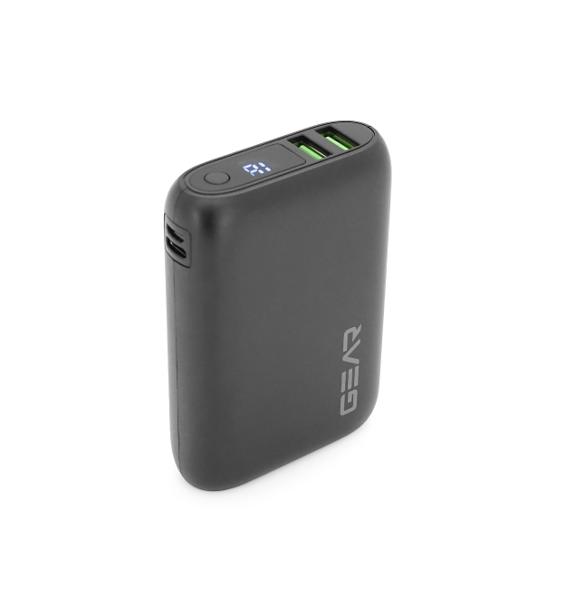 PowerBank GEAR 10000mAh PD22.5W Display, 1*Type-C, 2*USB-A + 1*microUSB, Total Output 5V-3A, Black