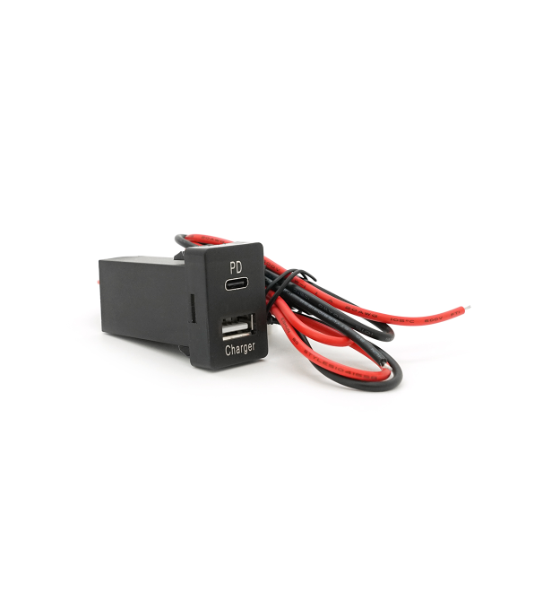АЗУ врізне 38W-L01T03-S, PD+QC, Type-C: 20W, USB: 18W, комплект дротів під паяння, 33x22х58mm, Black