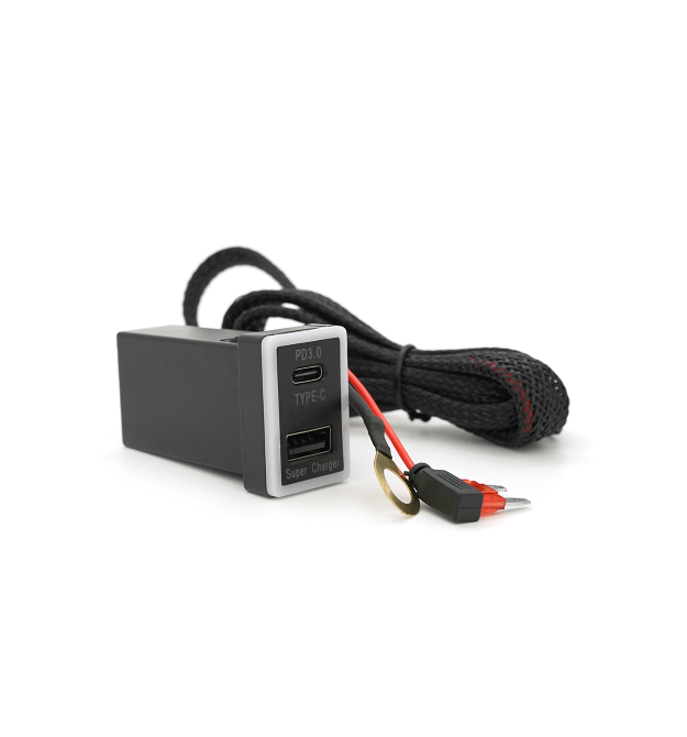 АЗУ врізне 60W-D01T03-Fuse, PD+QC, Type-C: 30W, USB: 30W, LED підсвічування, комплект проводів під паяння з запобіжником, 33x22х