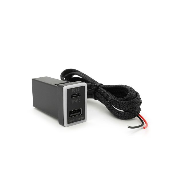 АЗУ врізне 60W-D01T03-S, PD+QC, Type-C: 30W, USB: 30W, LED підсвічування, комплект проводів під паяння, 33x22х58mm, Black