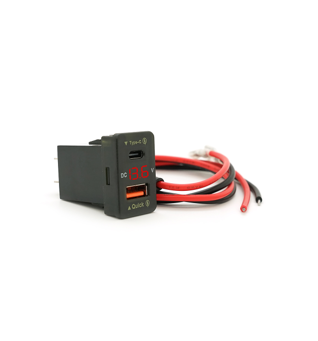 АЗУ FPUV-R, PD+QC3.0, Type-C: 30W, 5V-3A - 9V-3A - 12V-2.5A, USB: 18W, 5V-3.4A - 9V-2A - 12V-1.5A, 33x23mm, LED Red, Black