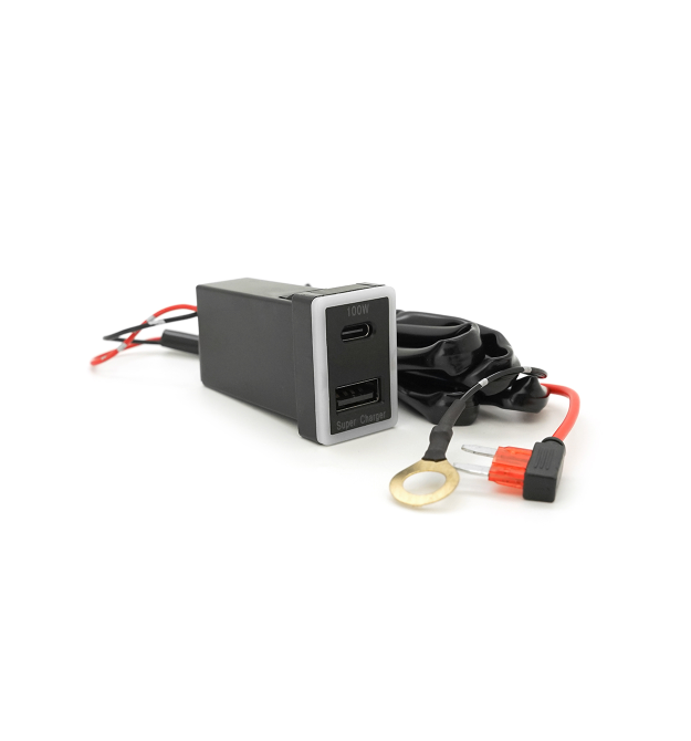 АЗУ врізне 130W-D01T03-Fuse, PD+QC, Type-C: 100W, USB: 30W, LED підсвічування, комплект проводів з роз&aposємами та запобіжником