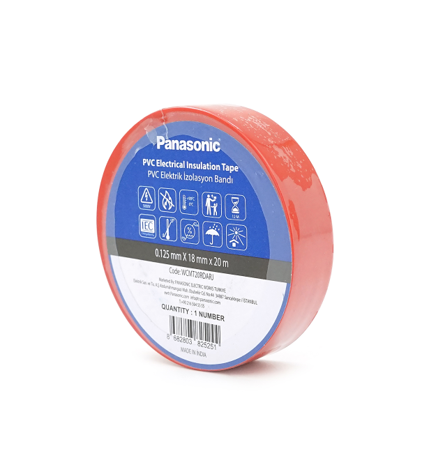 Ізолента ПВХ PANASONIC 0,125мм * 18мм * 20м (червона), діапазон робочих температур: від 0 С до + 90 С, Вогнестійка, 8 штук в у