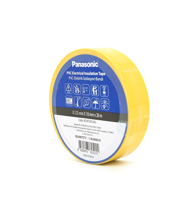 Ізолента ПВХ PANASONIC 0,125мм * 18мм * 20м (жовта), діапазон робочих температур: від 0 С до + 90 С, Вогнестійка, 8 штук в упа