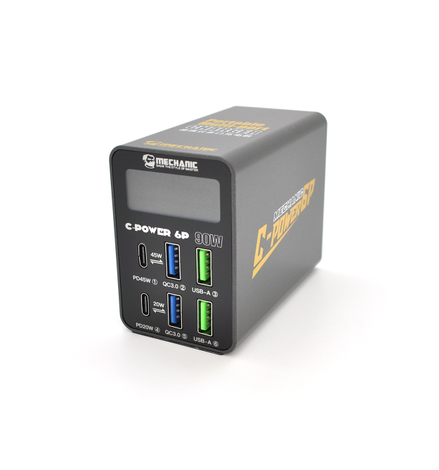 Зарядна станція з цифровою індикацією MECHANIC C-Power 6P, 2*USB-A, 2*QC3.0-5В3А,9В2A,12В1.5А, 2*PD3.1-(5В - 9В - 12В - 15В)3А,2