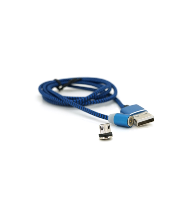 Магнітний кабель Ninja USB 2.0 - Micro, 1m, 2А, індикатор заряду, тканинне обплетення, броньований, знімач, Blue, Blister-Box