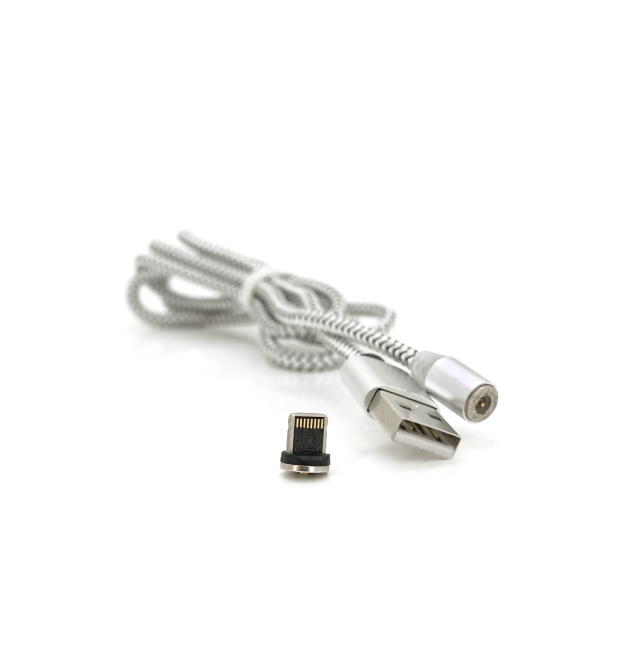 Магнітний кабель PiPo USB 2.0 - Lighting, 1m, 2А, тканинна оплетка, броньований, знімач, Silver, BOX