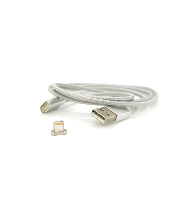Магнітний кабель USB 2.0 - Lighting, 1m, 2А, індикатор заряду, тканинне обплетення, знімач, Silver, Blister ( під наконечник 193
