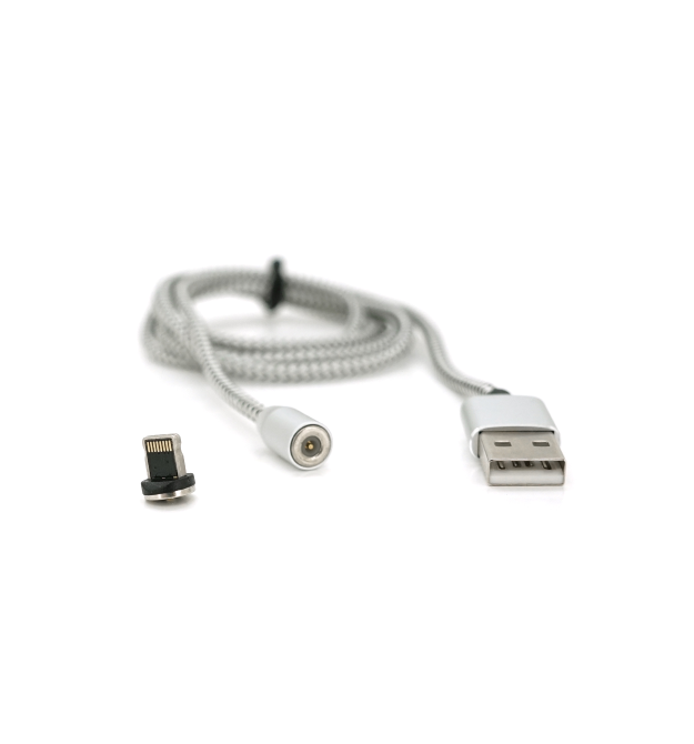 Магнітний кабель Ninja USB 2.0 - Lighting, 1m, 2А, індикатор заряду, тканинна оплетка, броньований, знімач, Silver, Blister-Box