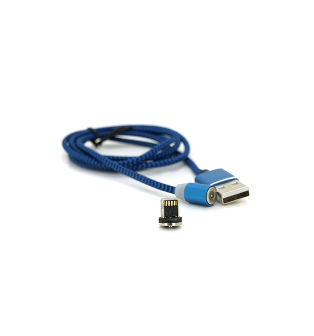 Магнітний кабель Ninja USB 2.0 - Lighting, 1m, 2А, індикатор заряду, тканинне обплетення, броньований, знімач, Blue, Blister-Box