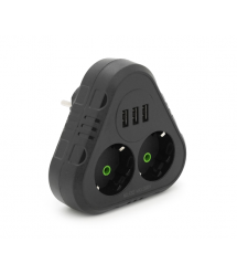Розетка трійник із заземленням F202-Black, 2 розетки+3USB(1А), 2500W, 10A, 110-250V~Max, Blister