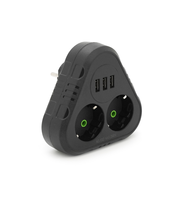 Розетка трійник із заземленням F202-Black, 2 розетки+3USB(1А), 2500W, 10A, 110-250V~Max, Blister